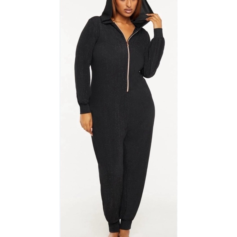 NWT Savage X Fenty Black Metallic Sleep & Shine Full Zip Jumpsuit Womens Sz L